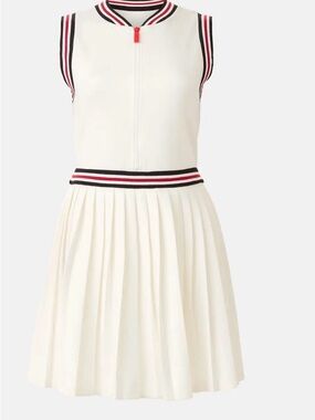 Hunter White Sleeveless Pleated Mini Dress with Black and Red Striped Trim